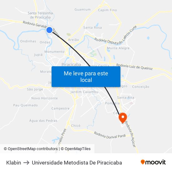 Klabin to Universidade Metodista De Piracicaba map