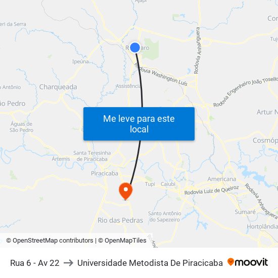 Rua 6 - Av 22 to Universidade Metodista De Piracicaba map