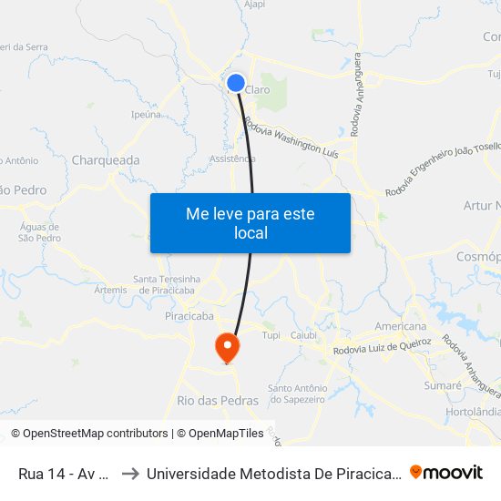 Rua 14 - Av 52 to Universidade Metodista De Piracicaba map