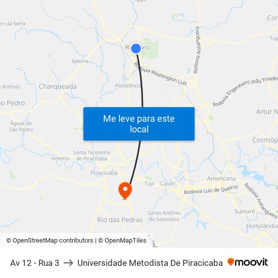 Av 12 - Rua 3 to Universidade Metodista De Piracicaba map