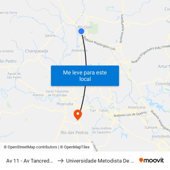 Av 11 - Av Tancredo Neves to Universidade Metodista De Piracicaba map