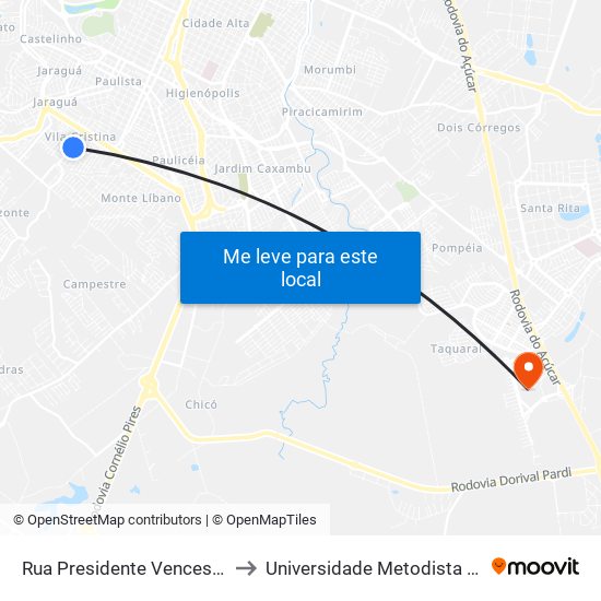 Rua Presidente Venceslau Braz, 324 to Universidade Metodista De Piracicaba map