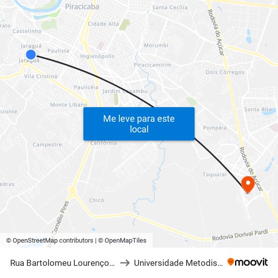 Rua Bartolomeu Lourenço De Gusmão, 57-65 to Universidade Metodista De Piracicaba map