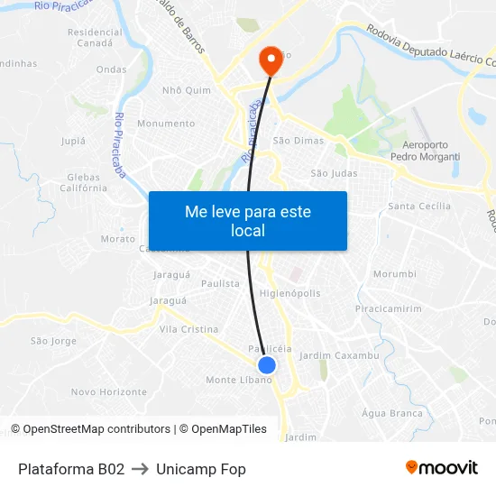 Plataforma B02 to Unicamp Fop map