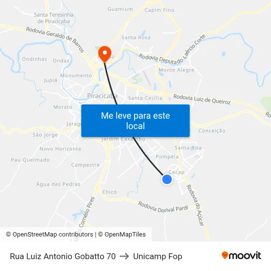 Rua Luiz Antonio Gobatto 70 to Unicamp Fop map