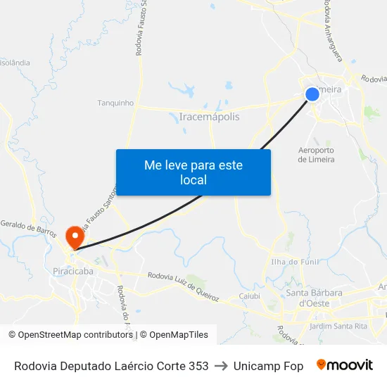 Rodovia Deputado Laércio Corte 353 to Unicamp Fop map