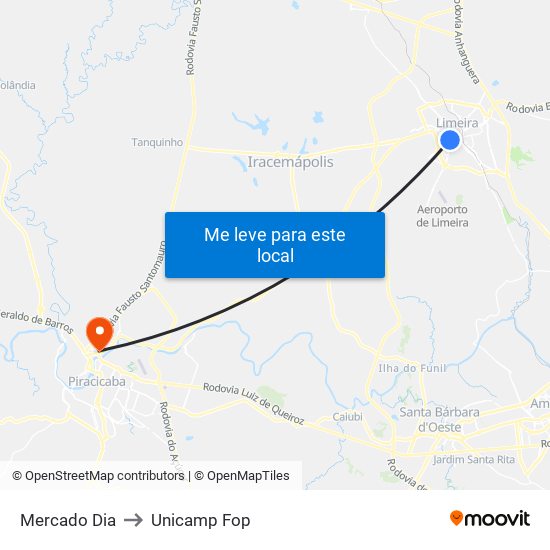 Mercado Dia to Unicamp Fop map