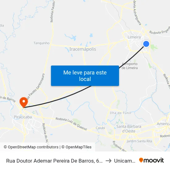 Rua Doutor Ademar Pereira De Barros, 697-765  (Rapidão) to Unicamp Fop map