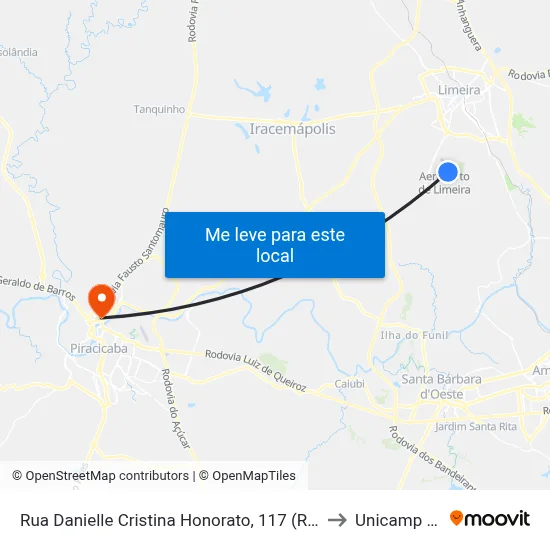 Rua Danielle Cristina Honorato, 117 (Rapidão) to Unicamp Fop map