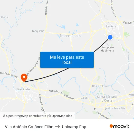 Vila Antônio Cruãnes Filho to Unicamp Fop map