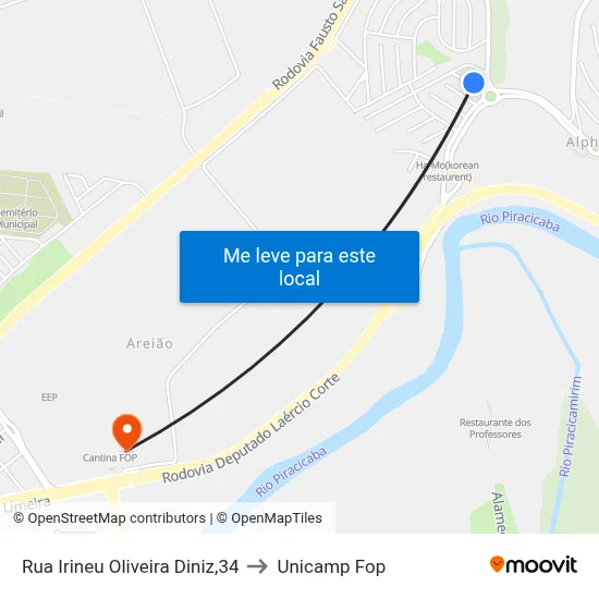 Rua Irineu Oliveira Diniz,34 to Unicamp Fop map
