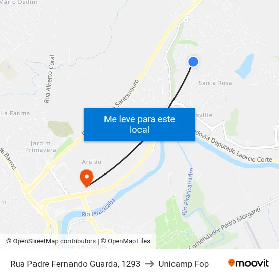 Rua Padre Fernando Guarda, 1293 to Unicamp Fop map