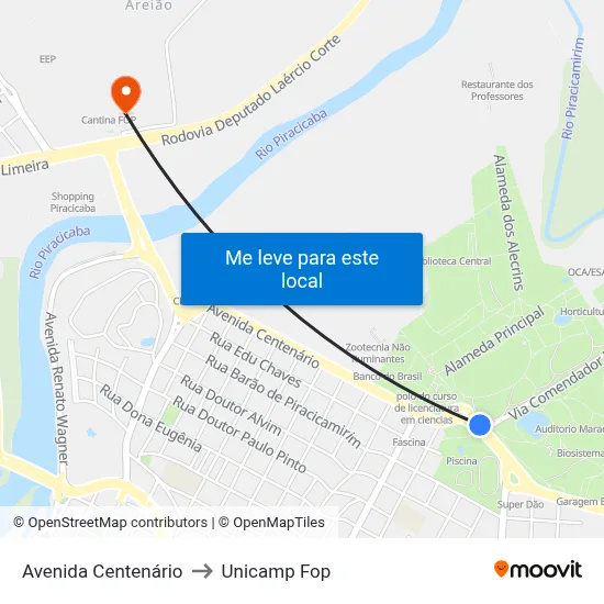 Avenida Centenário to Unicamp Fop map