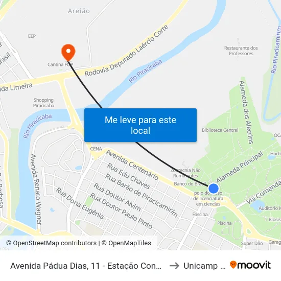 Avenida Pádua Dias, 11 - Estação Conexão Esalq to Unicamp Fop map