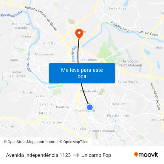 Avenida Independência 1123 to Unicamp Fop map