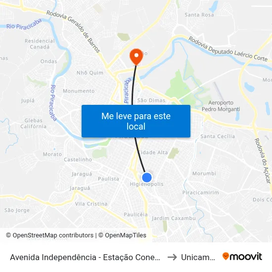 Avenida Independência - Estação Conexão Santa Casa to Unicamp Fop map