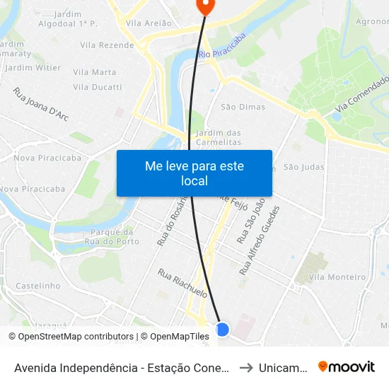 Avenida Independência - Estação Conexão P.S. Infantil to Unicamp Fop map