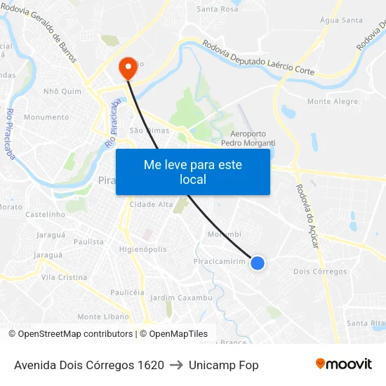 Avenida Dois Córregos 1620 to Unicamp Fop map