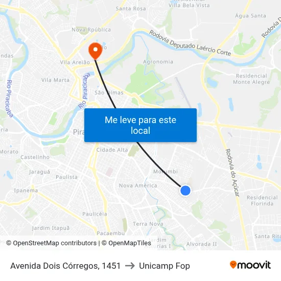 Avenida Dois Córregos, 1451 to Unicamp Fop map
