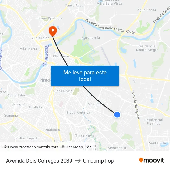 Avenida Dois Córregos 2039 to Unicamp Fop map