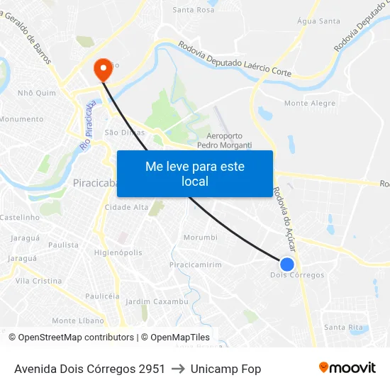 Avenida Dois Córregos 2951 to Unicamp Fop map