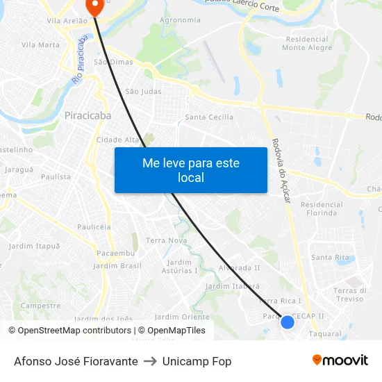 Afonso José Fioravante to Unicamp Fop map