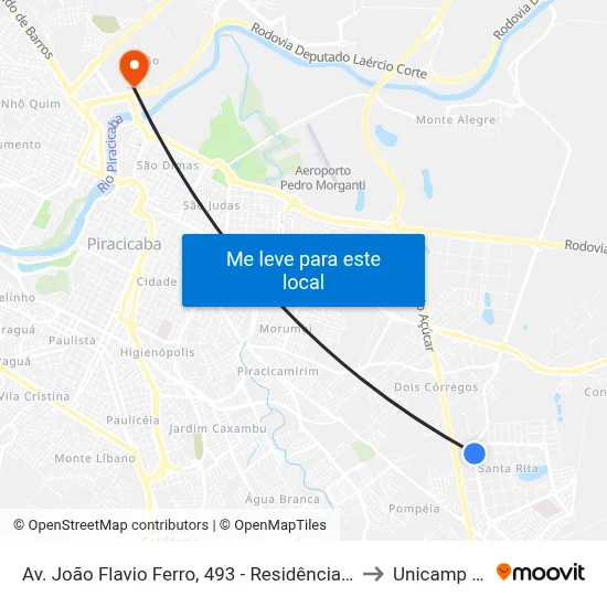 Av. João Flavio Ferro, 493 - Residência, Nº 493 to Unicamp Fop map