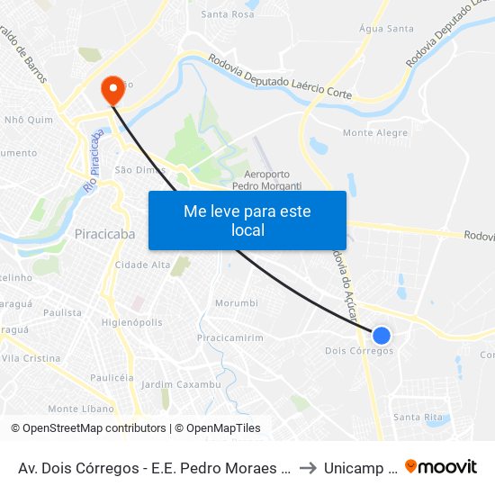 Av. Dois Córregos - E.E. Pedro Moraes Cavalcanti to Unicamp Fop map