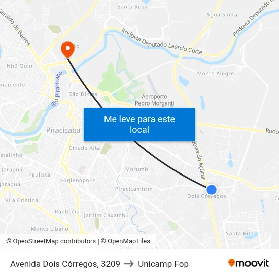 Avenida Dois Córregos, 3209 to Unicamp Fop map