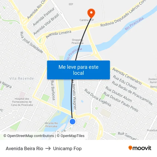 Avenida Beira Rio to Unicamp Fop map