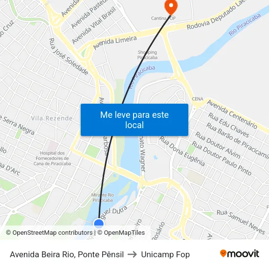 Avenida Beira Rio, Ponte Pênsil to Unicamp Fop map