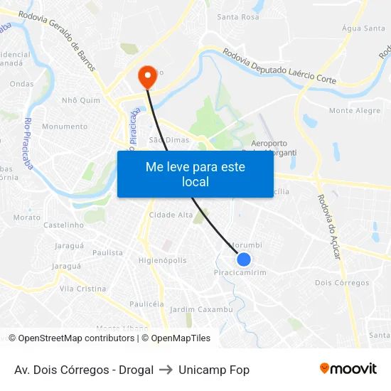 Av. Dois Córregos - Drogal to Unicamp Fop map