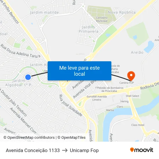 Avenida Conceição 1133 to Unicamp Fop map