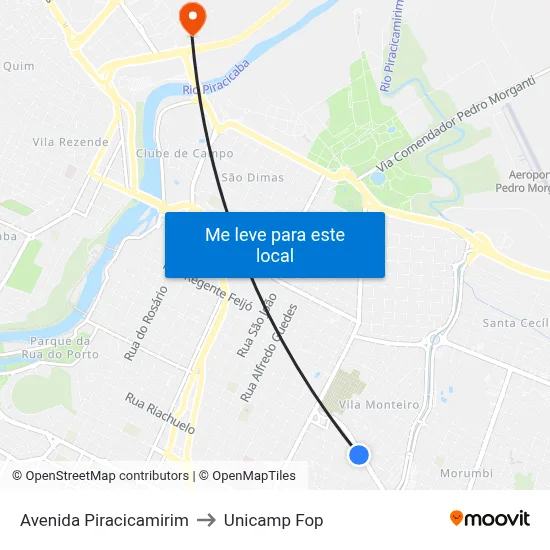 Avenida Piracicamirim to Unicamp Fop map