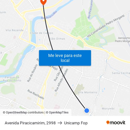 Avenida Piracicamirim, 2998 to Unicamp Fop map
