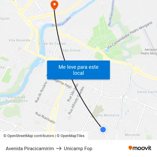 Avenida Piracicamirim to Unicamp Fop map