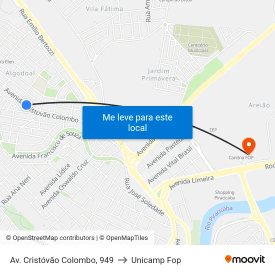Av. Cristóvão Colombo, 949 to Unicamp Fop map