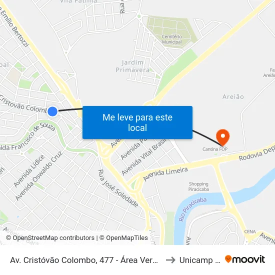 Av. Cristóvão Colombo, 477 - Área Verde, Nº 477 to Unicamp Fop map