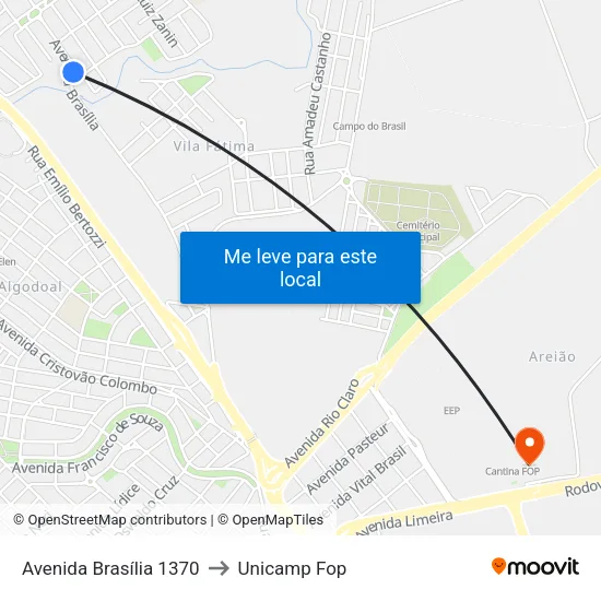 Avenida Brasília 1370 to Unicamp Fop map