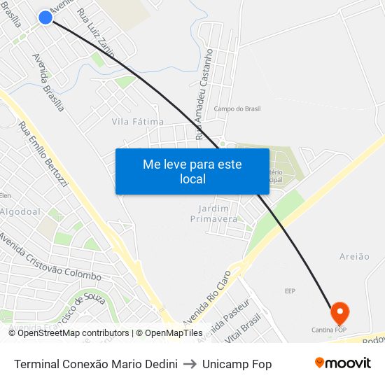 Terminal Conexão Mario Dedini to Unicamp Fop map