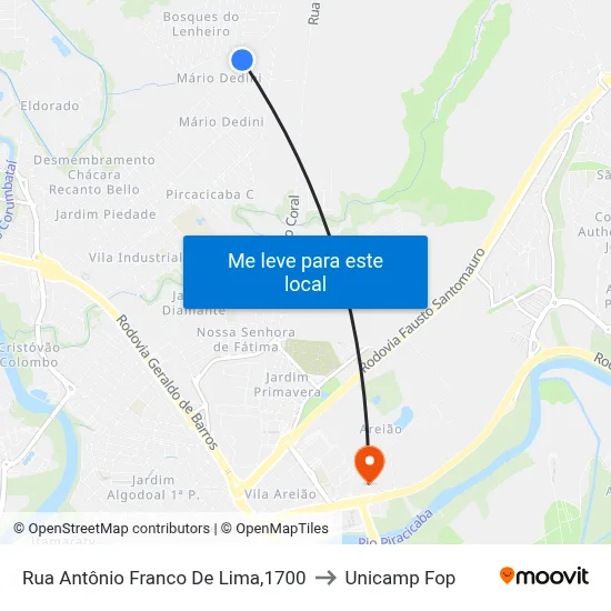 Rua Antônio Franco De Lima,1700 to Unicamp Fop map