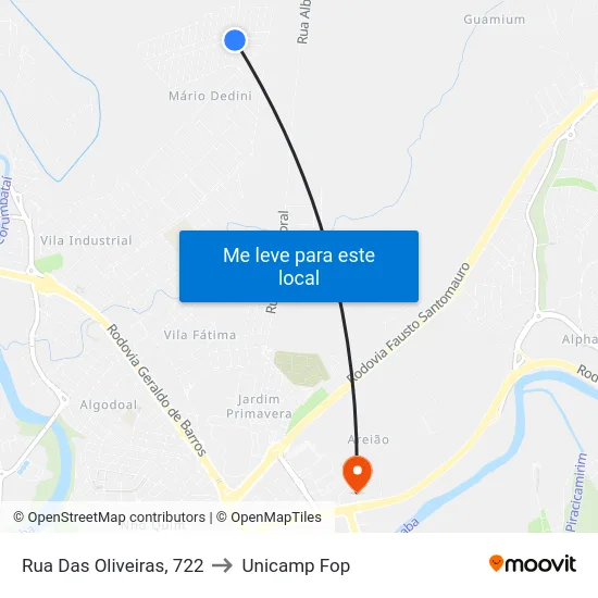Rua Das Oliveiras, 722 to Unicamp Fop map