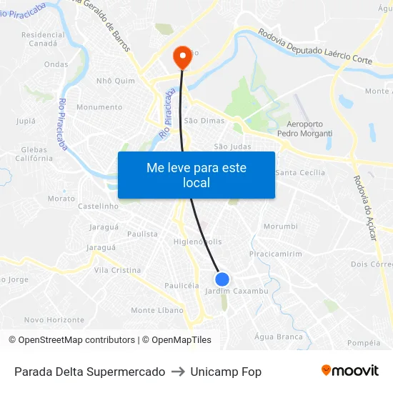 Parada Delta Supermercado to Unicamp Fop map