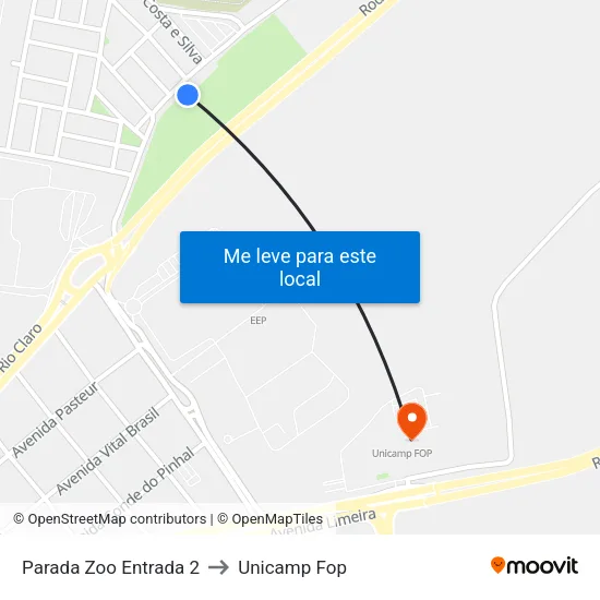 Parada Zoo Entrada 2 to Unicamp Fop map