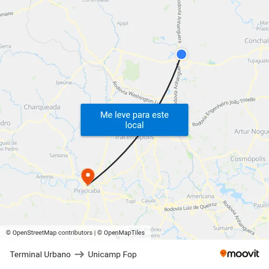 Terminal Urbano to Unicamp Fop map