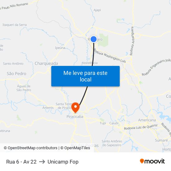 Rua 6 - Av 22 to Unicamp Fop map