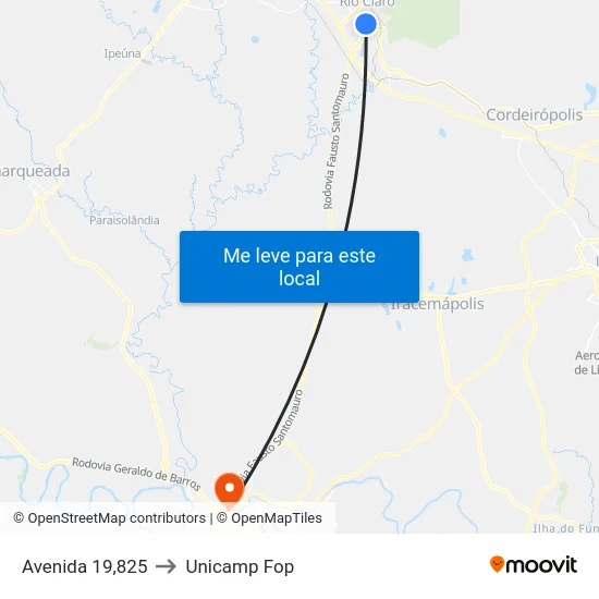 Avenida 19,825 to Unicamp Fop map