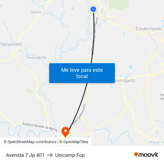 Avenida 7 Jp 401 to Unicamp Fop map