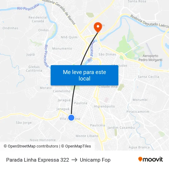 Parada Linha Expressa 322 to Unicamp Fop map