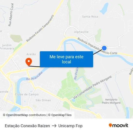 Estação Conexão Raízen to Unicamp Fop map
